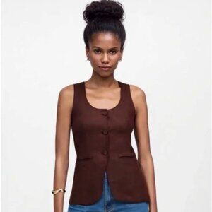 Madewell Brown 100% Linen Scoop Neck Button Up Cutaway Vest 8 NWT